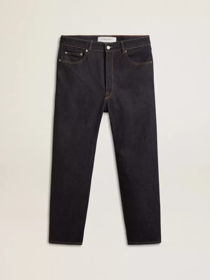 Jeans da uomo blu scuro in denim monolavaggio Jeans da uomo blu scuro in denim monolavaggio