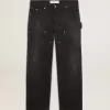 Jeans da uomo in cotone nero effetto consumato con toppe frontali