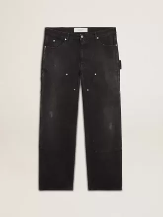 Jeans da uomo in cotone nero effetto consumato con toppe frontali Jeans da uomo in cotone nero effetto consumato con toppe frontali
