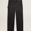 Jeans da uomo in cotone nero effetto consumato con toppe frontali