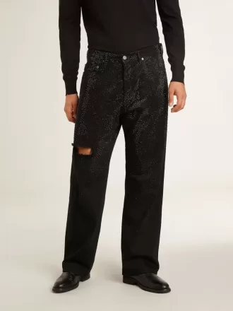 Jeans da uomo neri dal taglio morbido con cristalli all-over effetto sfumato
