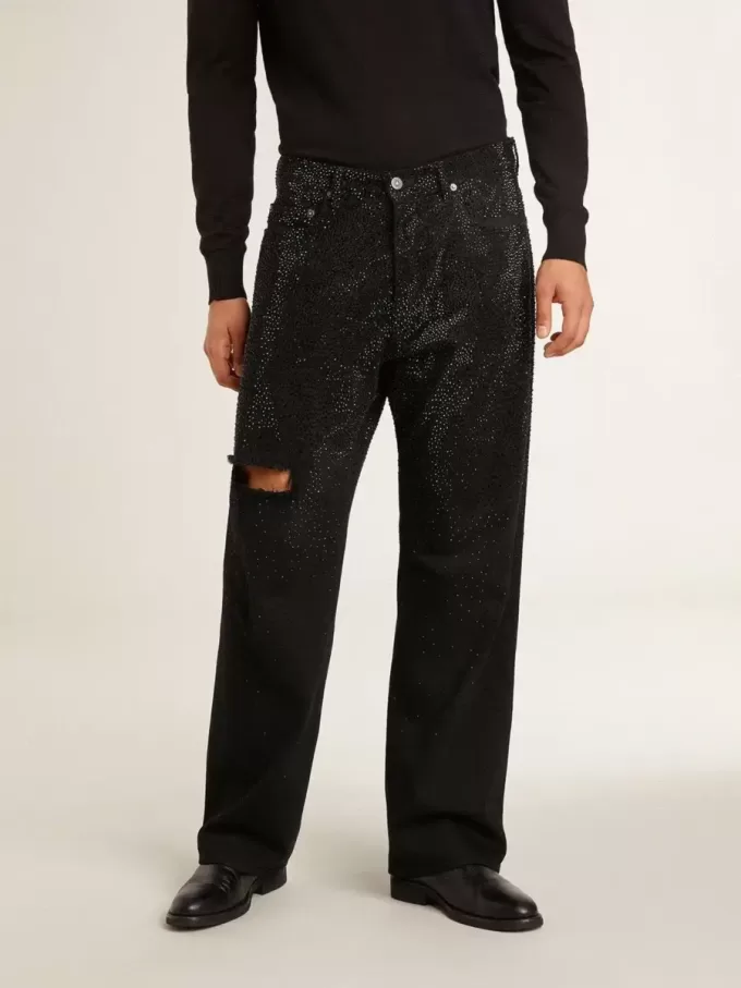 Jeans da uomo neri dal taglio morbido con cristalli all-over effetto sfumato Jeans da uomo neri dal taglio morbido con cristalli all-over effetto sfumato