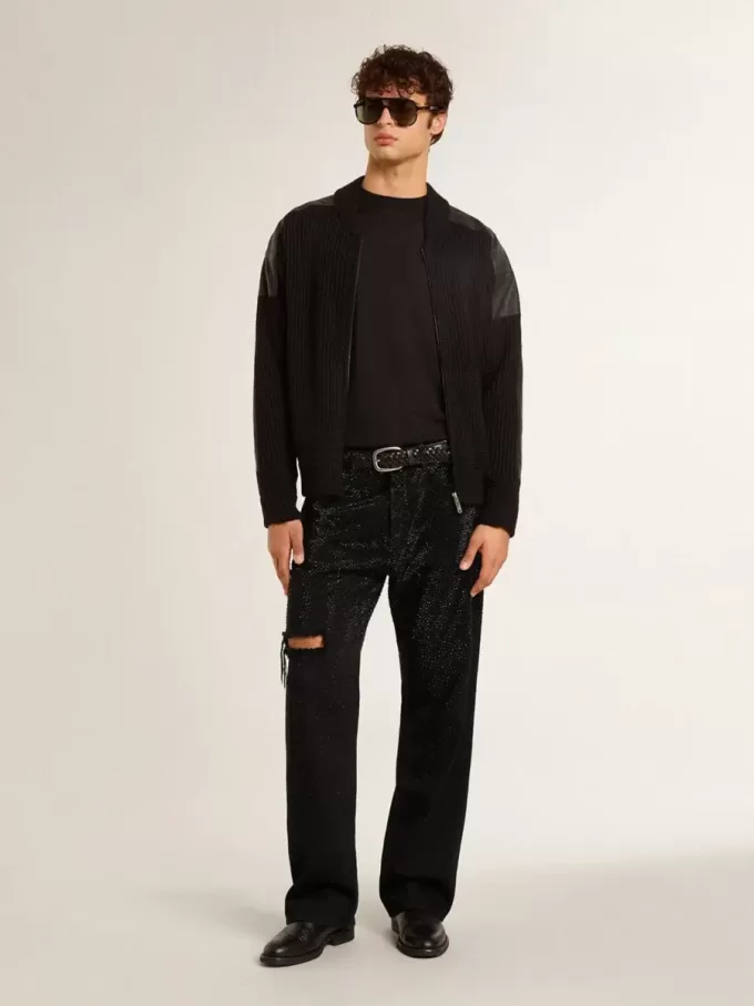 Jeans da uomo neri dal taglio morbido con cristalli all-over effetto sfumato Jeans da uomo neri dal taglio morbido con cristalli all-over effetto sfumato