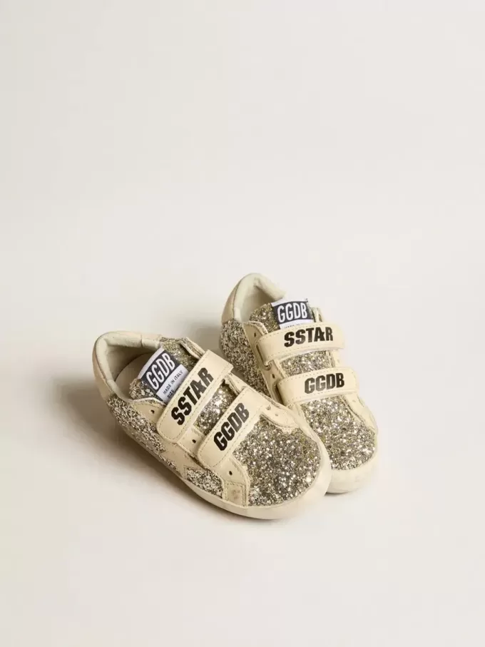 Junior Old School in glitter platino con stella e linguetta sul tallone in pelle Junior Old School in glitter platino con stella e linguetta sul tallone in pelle