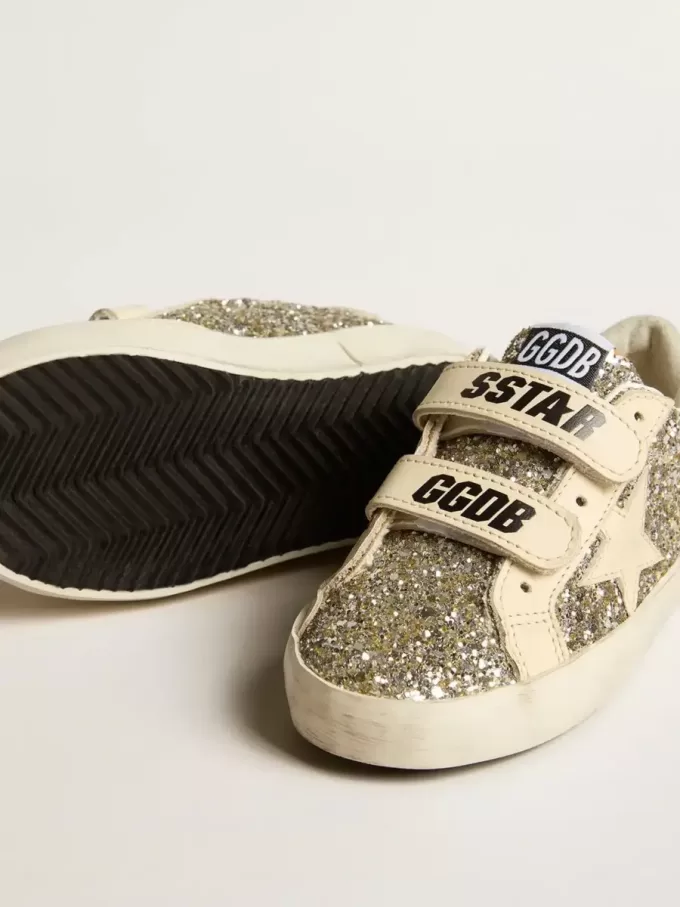 Junior Old School in glitter platino con stella e linguetta sul tallone in pelle Junior Old School in glitter platino con stella e linguetta sul tallone in pelle