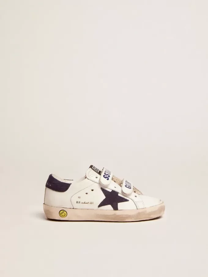 Young Old School in pelle bianca con stella e linguetta sul tallone in pelle scamosciata blu