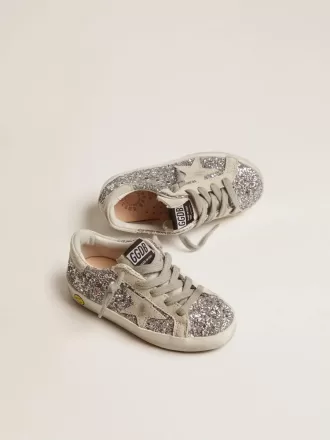 Junior Super-Star in glitter argento con stella in camoscio grigio ghiaccio