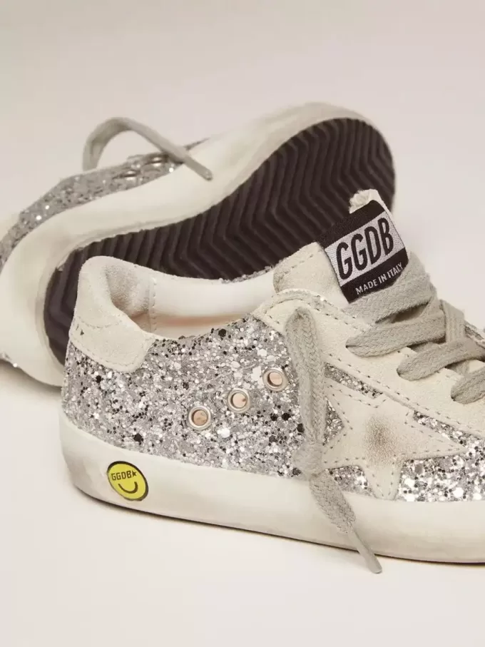 Junior Super-Star in glitter argento con stella in camoscio grigio ghiaccio