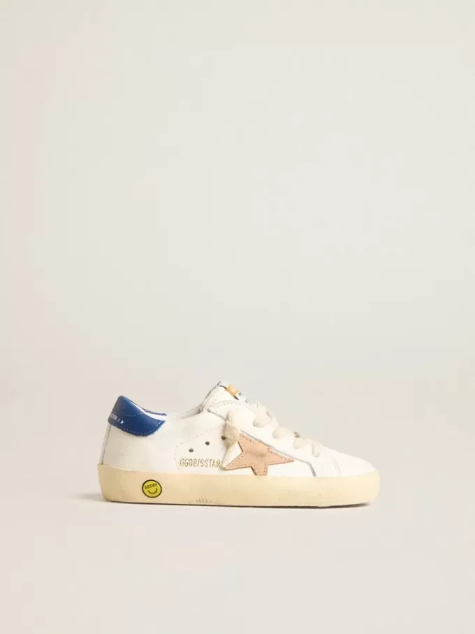 Junior Super-Star in pelle nappa con stella beige e linguetta blu sul tallone Junior Super-Star in pelle nappa con stella beige e linguetta blu sul tallone