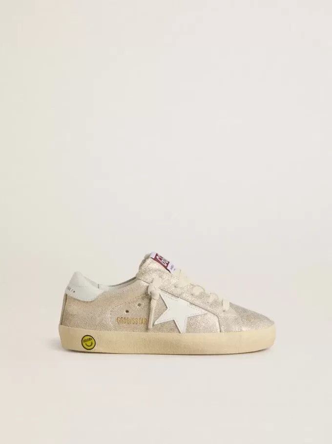 Junior Super-Star in pelle scamosciata laminata color sabbia con stella in pelle bianca