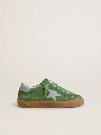 Junior Super-Star in pelle scamosciata verde con stella azzurra e linguetta sul tallone