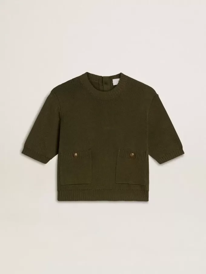 Maglia da donna a maniche corte in cotone verde militare Maglia da donna a maniche corte in cotone verde militare