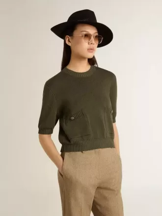 Maglia da donna a maniche corte in cotone verde militare