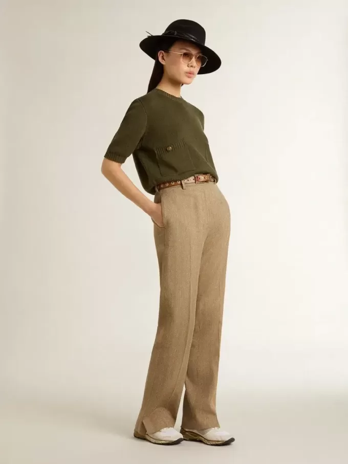 Maglia da donna a maniche corte in cotone verde militare Maglia da donna a maniche corte in cotone verde militare