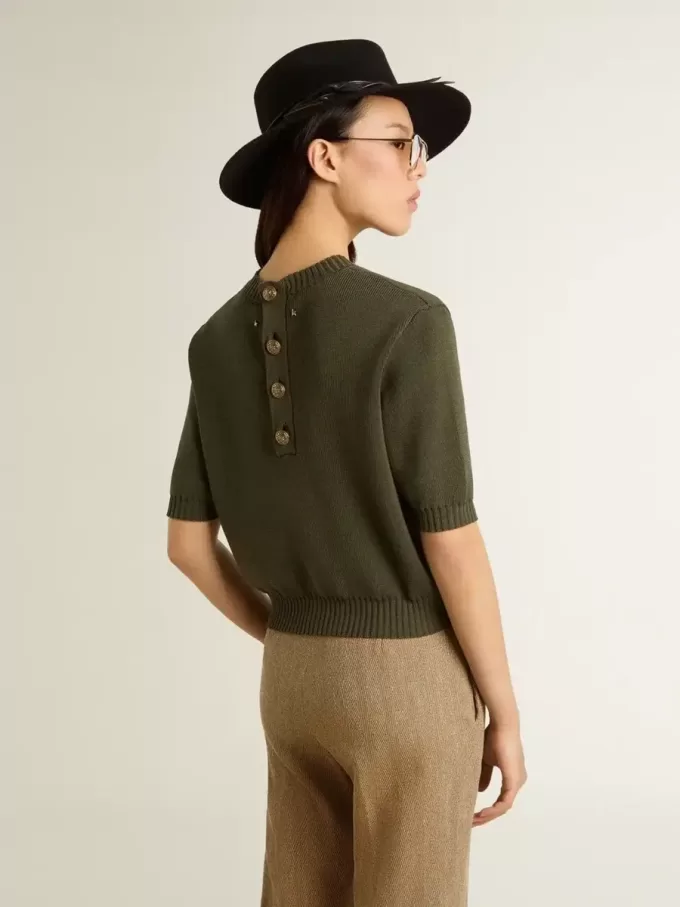Maglia da donna a maniche corte in cotone verde militare Maglia da donna a maniche corte in cotone verde militare