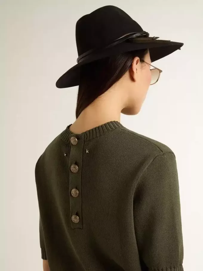 Maglia da donna a maniche corte in cotone verde militare Maglia da donna a maniche corte in cotone verde militare