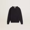 Maglione blu da bambino con collo a giro e scritta “Golden” sul retro