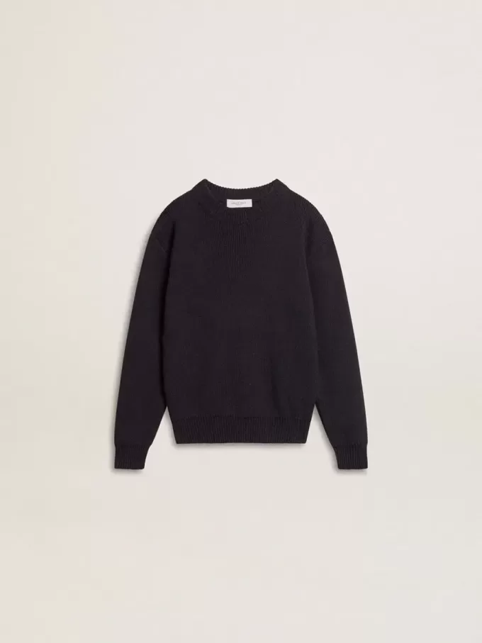 Maglione blu da bambino con collo a giro e scritta “Golden” sul retro