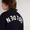 Maglione blu da bambino con collo a giro e scritta “Golden” sul retro