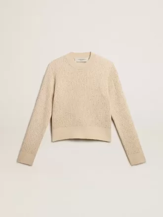 Maglione corto con scollo rotondo in lana beige con cristalli su tutta la superficie Maglione corto con scollo rotondo in lana beige con cristalli su tutta la superficie