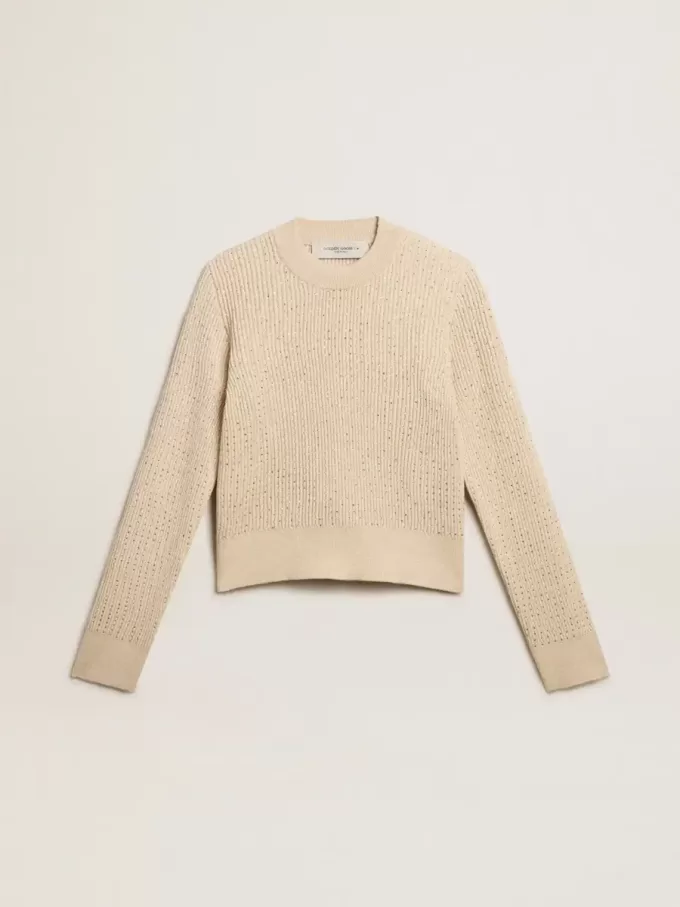 Maglione corto con scollo rotondo in lana beige con cristalli su tutta la superficie Maglione corto con scollo rotondo in lana beige con cristalli su tutta la superficie