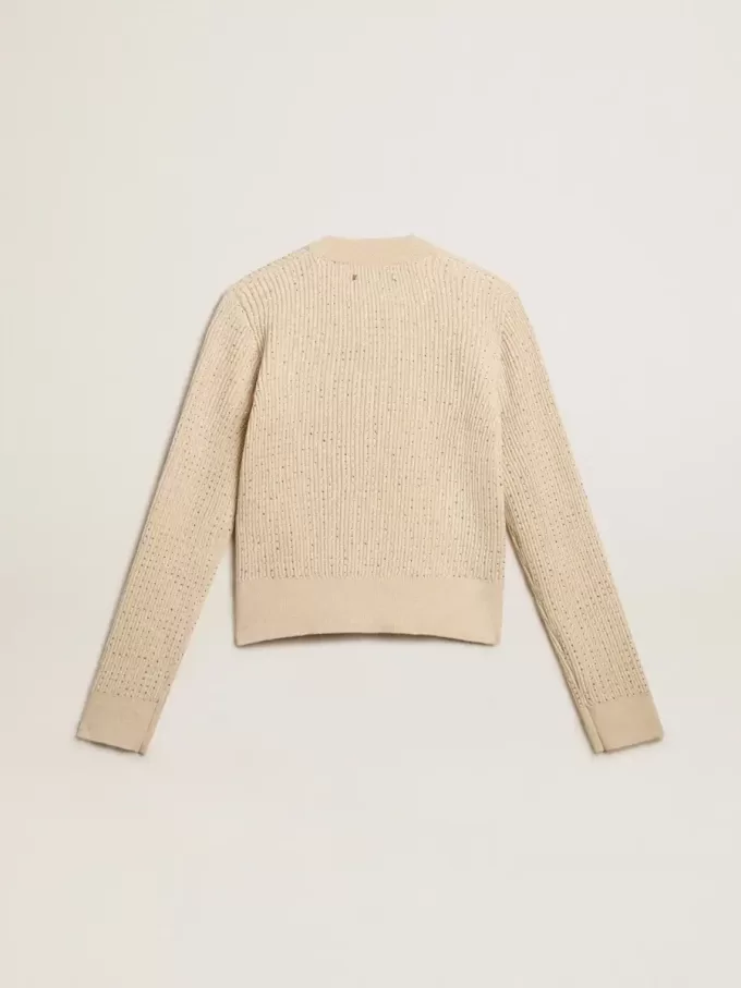 Maglione corto con scollo rotondo in lana beige con cristalli su tutta la superficie Maglione corto con scollo rotondo in lana beige con cristalli su tutta la superficie