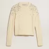 Maglione corto da donna bianco consumato con cristalli decorativi