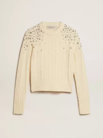 Maglione corto da donna bianco consumato con cristalli decorativi Maglione corto da donna bianco consumato con cristalli decorativi