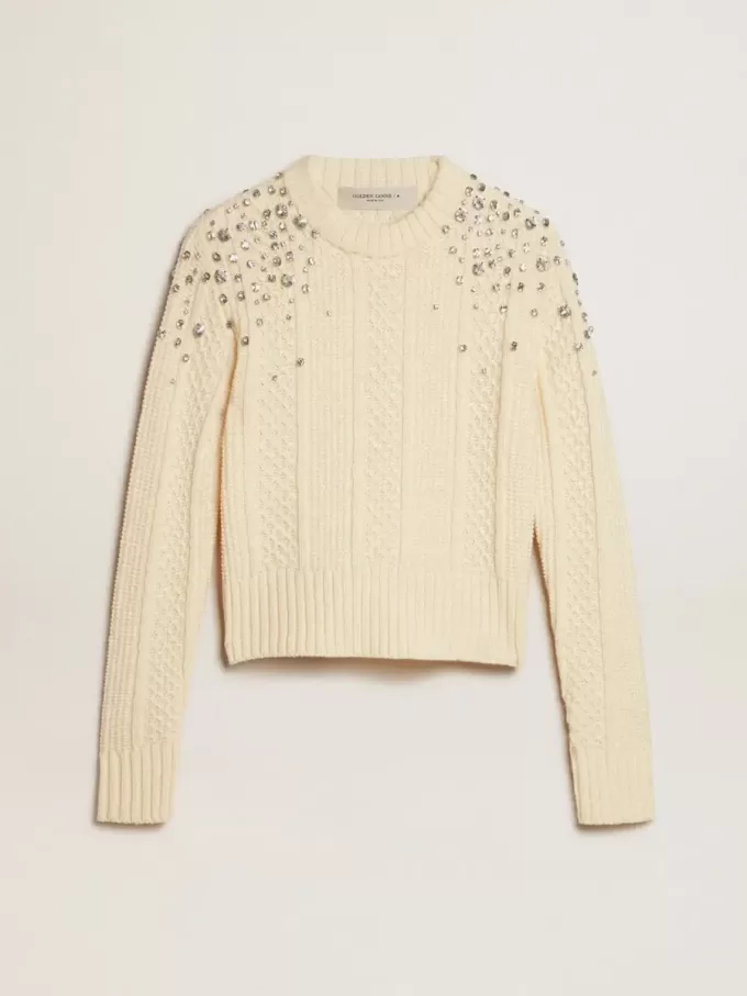 Maglione corto da donna bianco consumato con cristalli decorativi