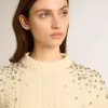 Maglione corto da donna bianco consumato con cristalli decorativi