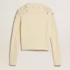 Maglione corto da donna bianco consumato con cristalli decorativi