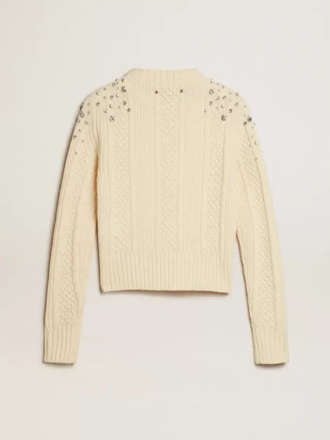 Maglione corto da donna bianco consumato con cristalli decorativi