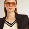 Maglione corto da donna con motivo a trecce, bordi a costine blu e cristalli Maglione corto da donna con motivo a trecce, bordi a costine blu e cristalli
