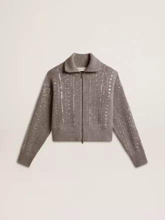 Maglione corto da donna in lana grigio melange con paillettes