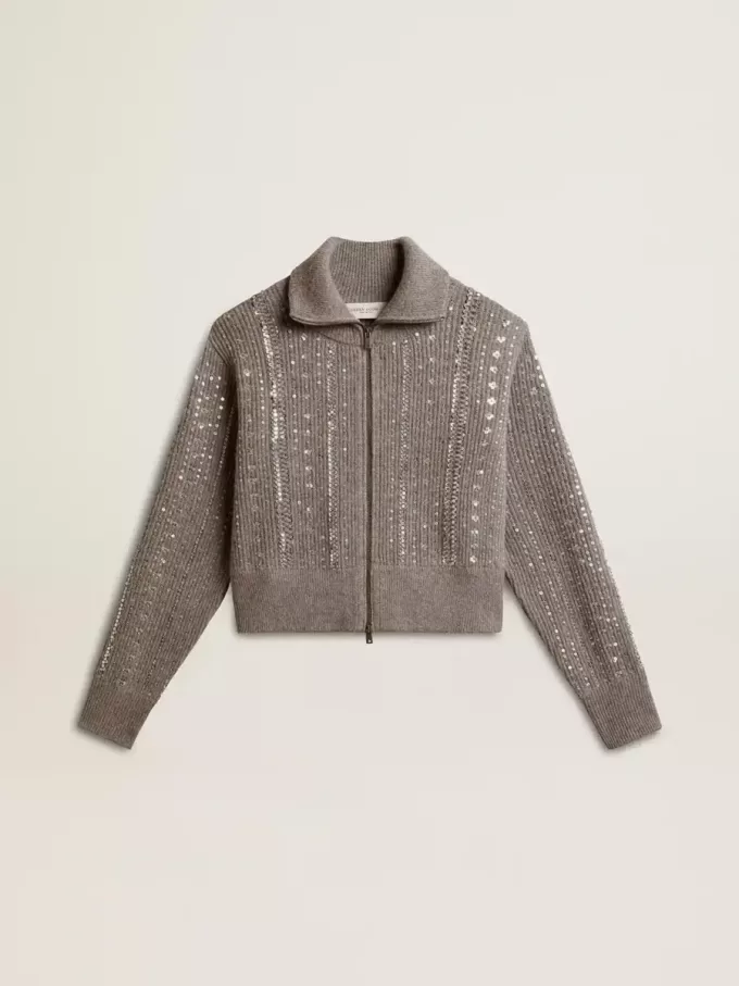 Maglione corto da donna in lana grigio melange con paillettes Maglione corto da donna in lana grigio melange con paillettes