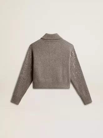 Maglione corto da donna in lana grigio melange con paillettes