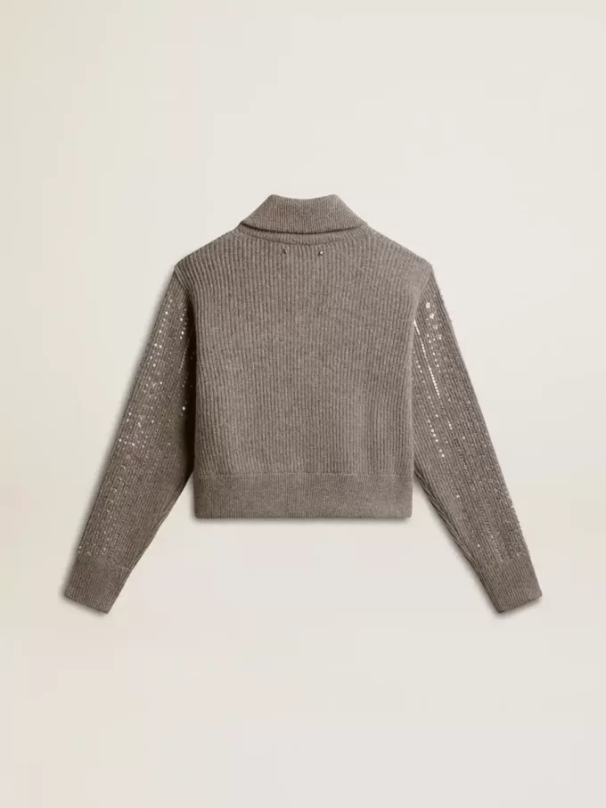 Maglione corto da donna in lana grigio melange con paillettes Maglione corto da donna in lana grigio melange con paillettes