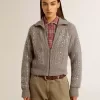 Maglione corto da donna in lana grigio melange con paillettes Maglione corto da donna in lana grigio melange con paillettes
