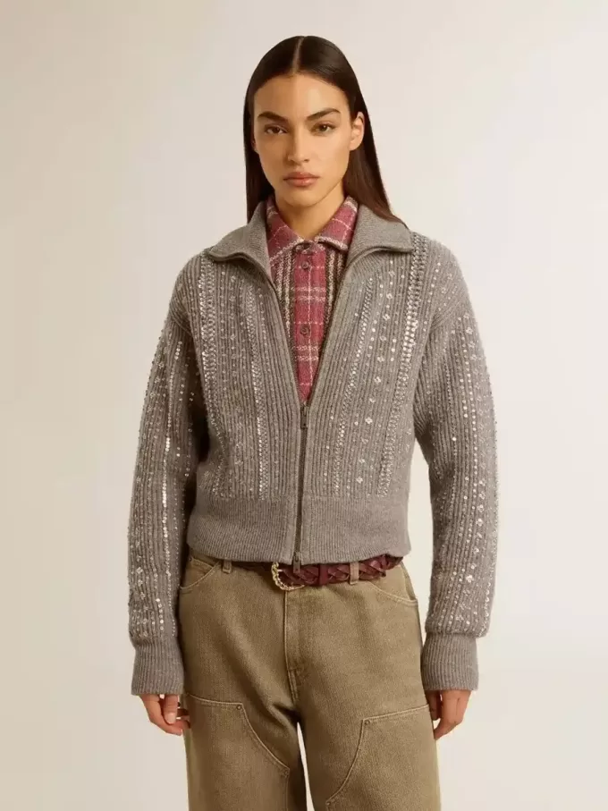 Maglione corto da donna in lana grigio melange con paillettes Maglione corto da donna in lana grigio melange con paillettes