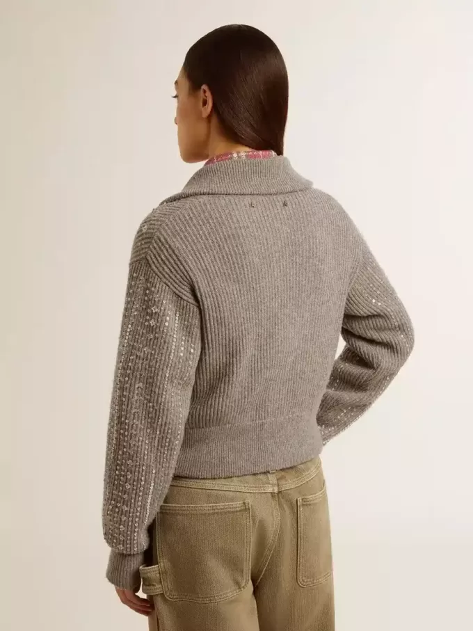 Maglione corto da donna in lana grigio melange con paillettes Maglione corto da donna in lana grigio melange con paillettes