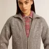 Maglione corto da donna in lana grigio melange con paillettes Maglione corto da donna in lana grigio melange con paillettes