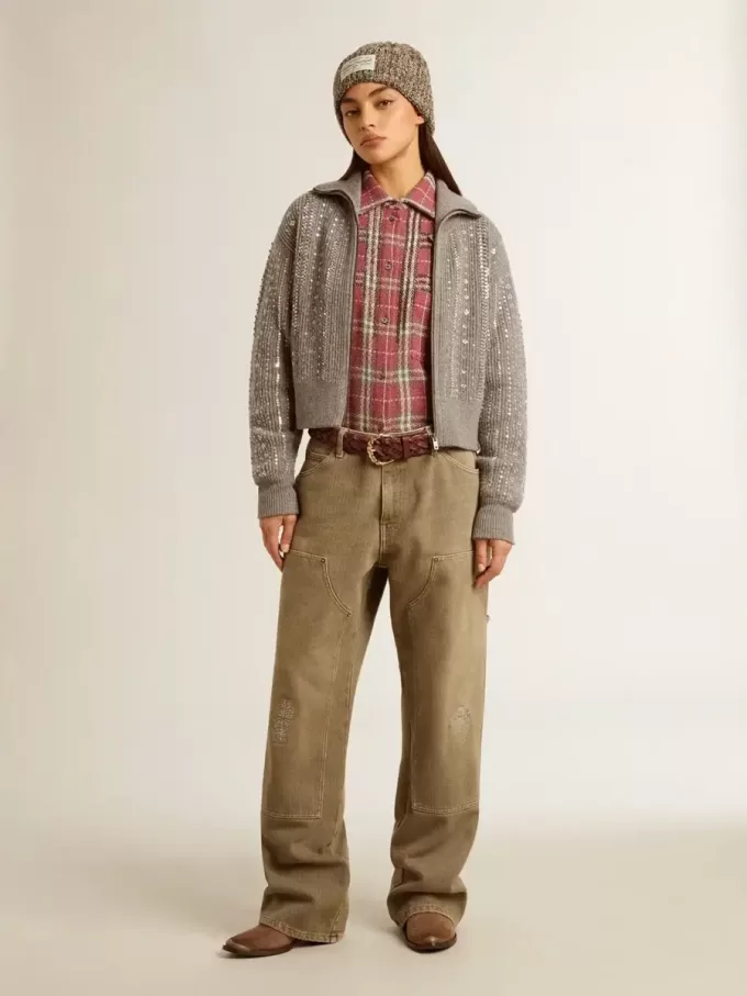 Maglione corto da donna in lana grigio melange con paillettes Maglione corto da donna in lana grigio melange con paillettes