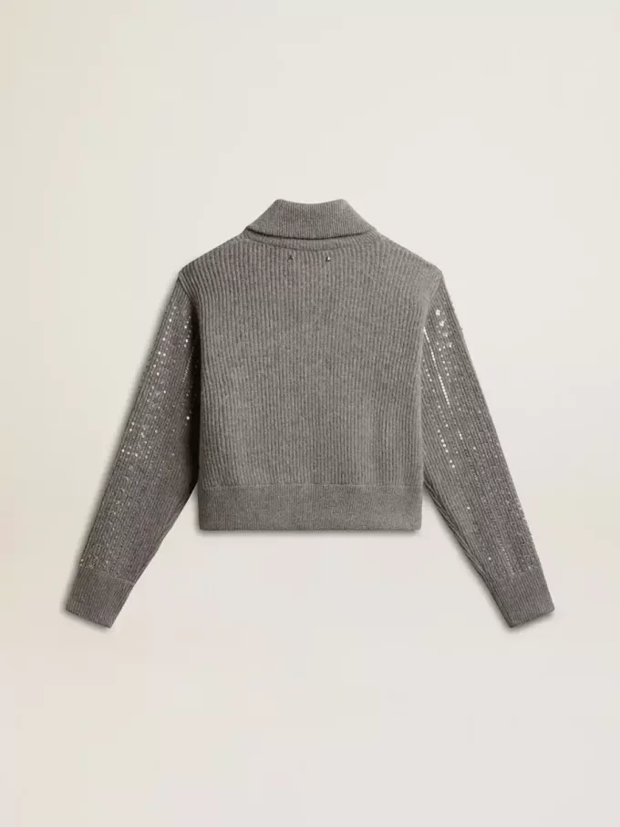 Maglione corto da donna in lana grigio melange con paillettes Maglione corto da donna in lana grigio melange con paillettes