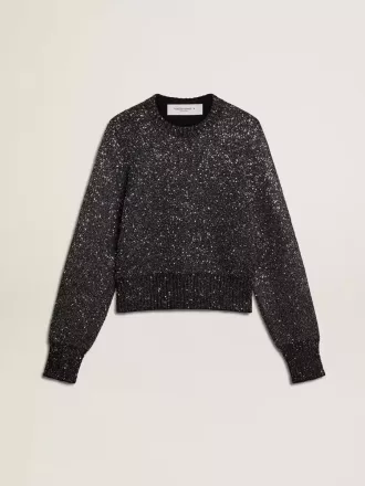 Maglione corto da donna in misto lana nero con paillettes su tutta la superficie