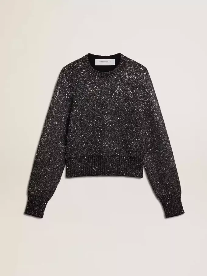 Maglione corto da donna in misto lana nero con paillettes su tutta la superficie