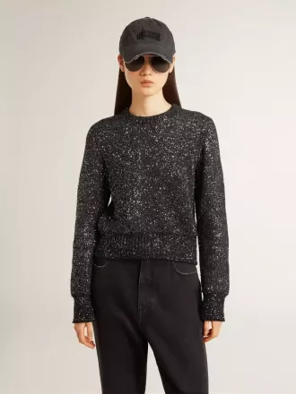 Maglione corto da donna in misto lana nero con paillettes su tutta la superficie