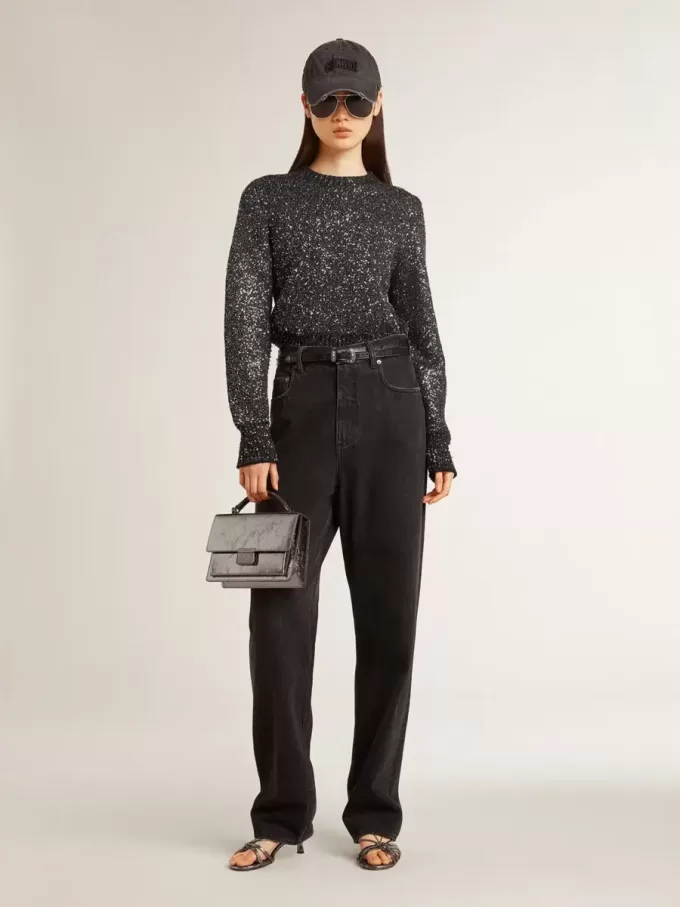 Maglione corto da donna in misto lana nero con paillettes su tutta la superficie