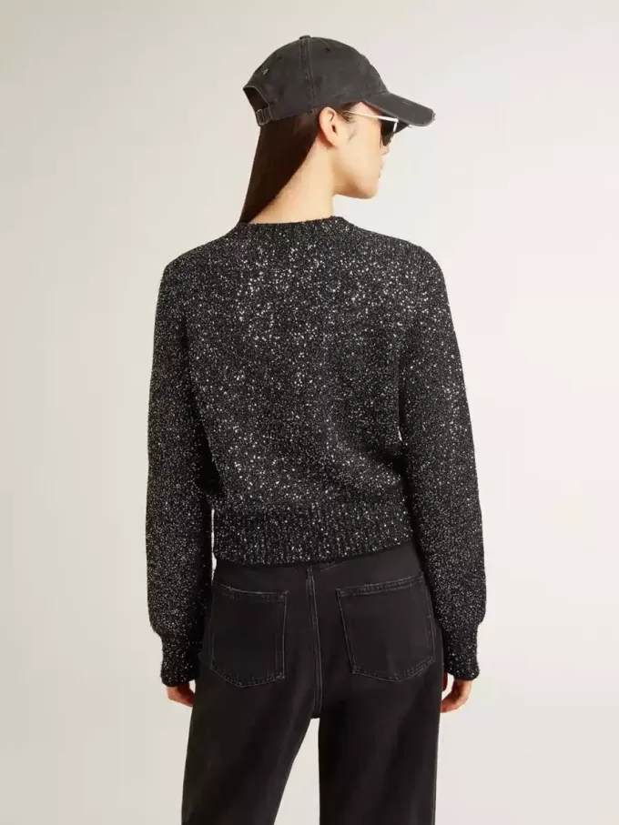 Maglione corto da donna in misto lana nero con paillettes su tutta la superficie