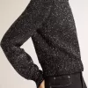 Maglione corto da donna in misto lana nero con paillettes su tutta la superficie