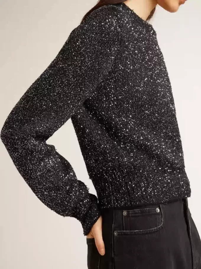 Maglione corto da donna in misto lana nero con paillettes su tutta la superficie